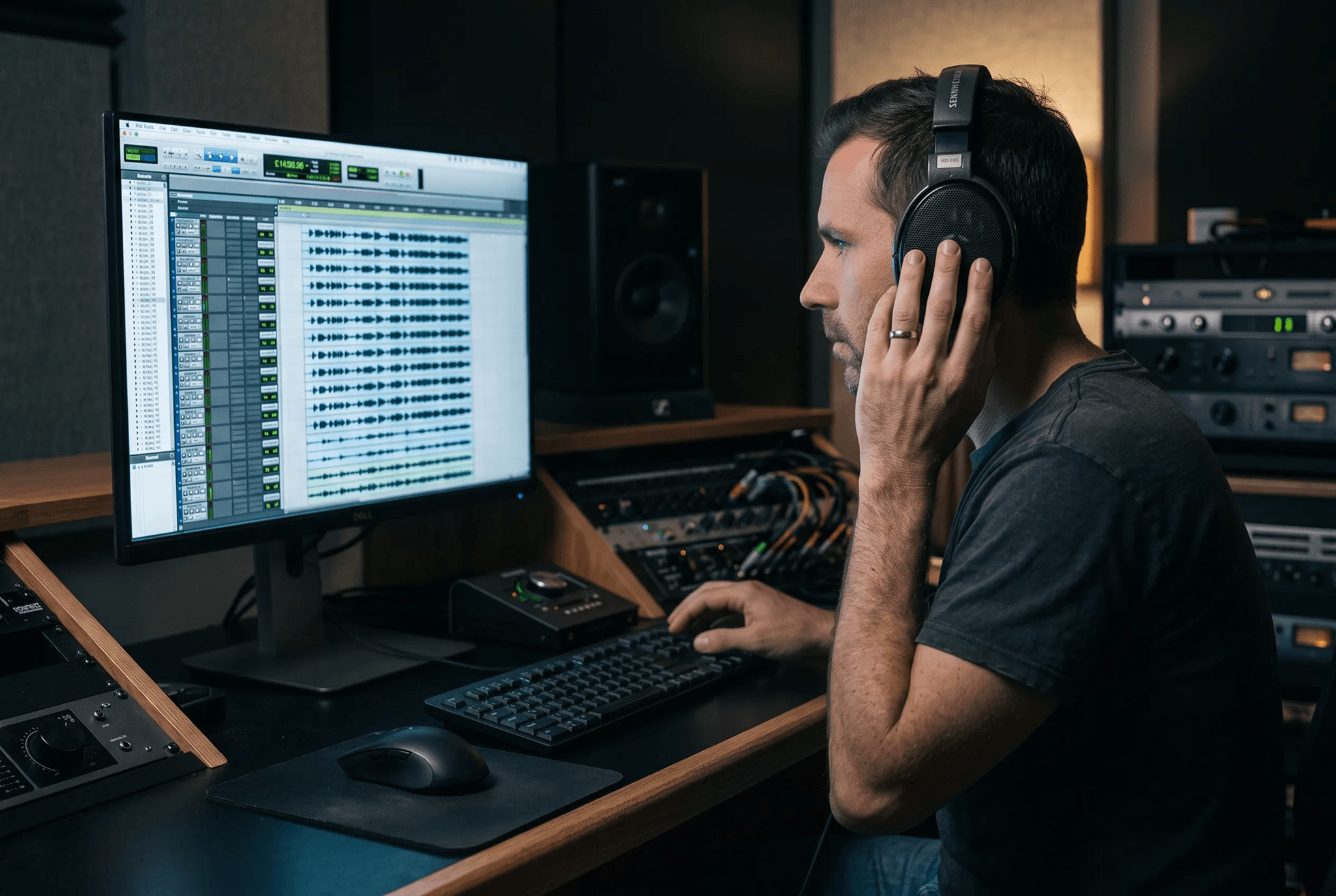 Engineer in headphones at a Pro Tools session of stacked waveforms, mix prep in progress. AI-generated illustration.